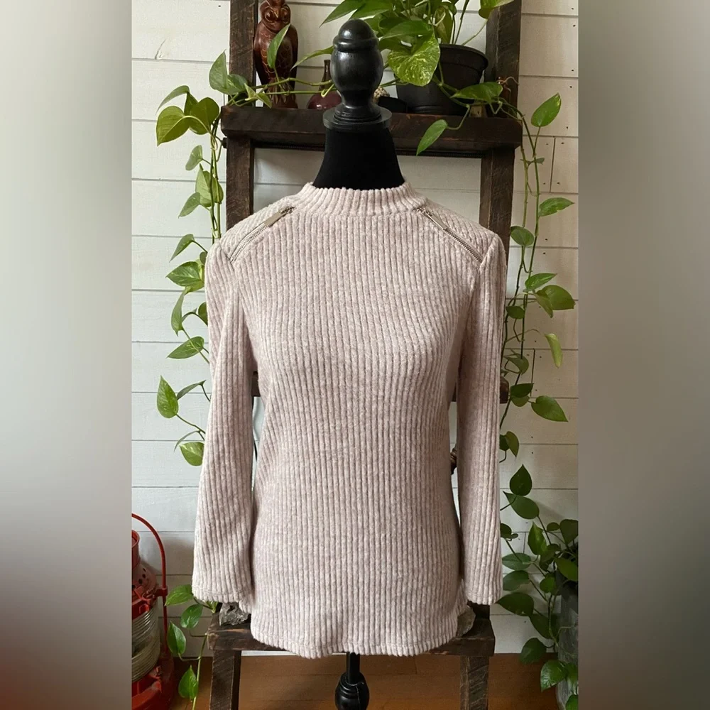 Olivia Blu: Cream Tan Soft Sweater with Zippers at Collar